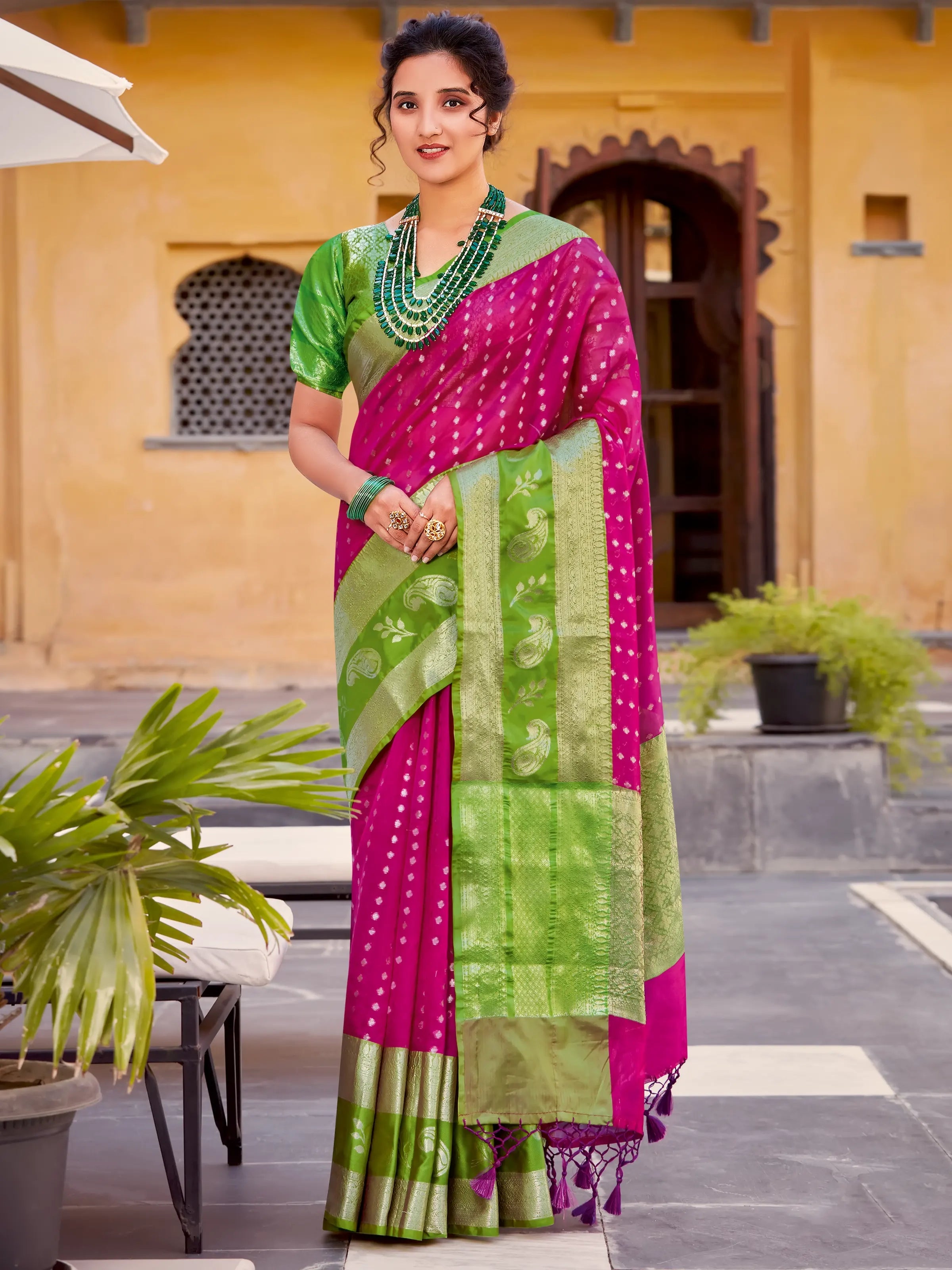 Buy Pink Chanderi Silk And Tissue Hand Embroidery Lace Trim Saree For Women  by Shorshe Clothing Online at Aza Fashions.