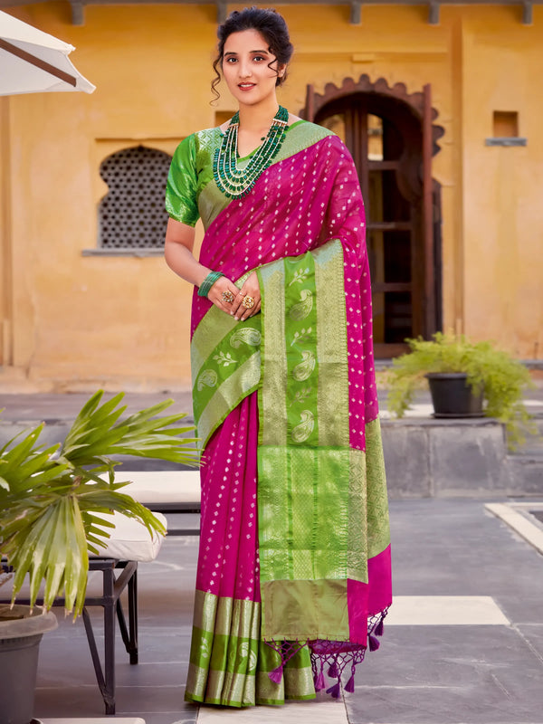 Magenta Soft Chanderi Silk Saree With Allover Silver Zari  Embosse Weaving Flower Design