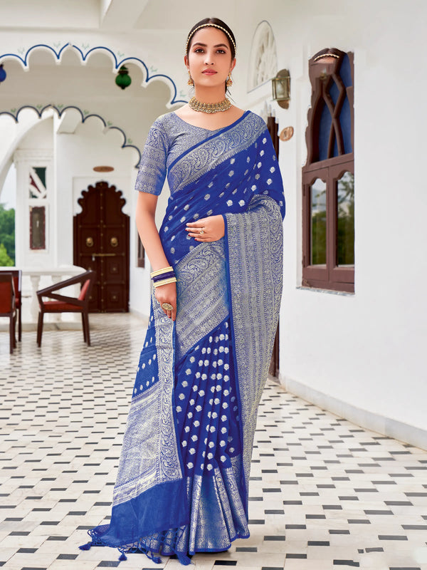 Royal Blue Silk Kota Saree With Allover Silver Zari Weaving Small Flower Buttas