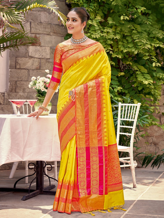 Neon Yellow Soft Banaras Silk Saree With Allover Golden Zari Small Buttas
