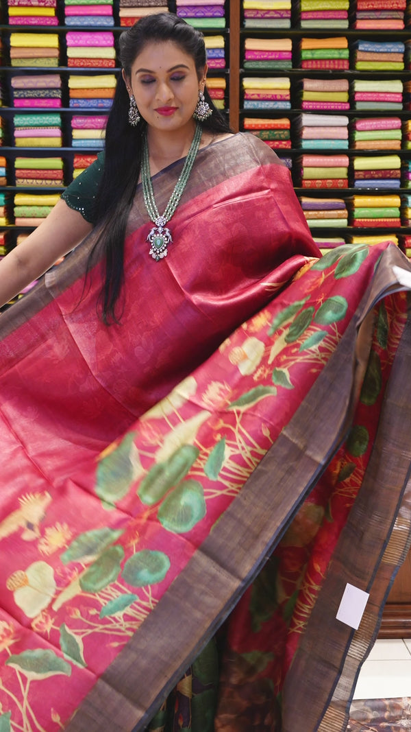 CSM-18965 | Maroon & Black Pure Kalamkari Printed Tussar Silk Saree