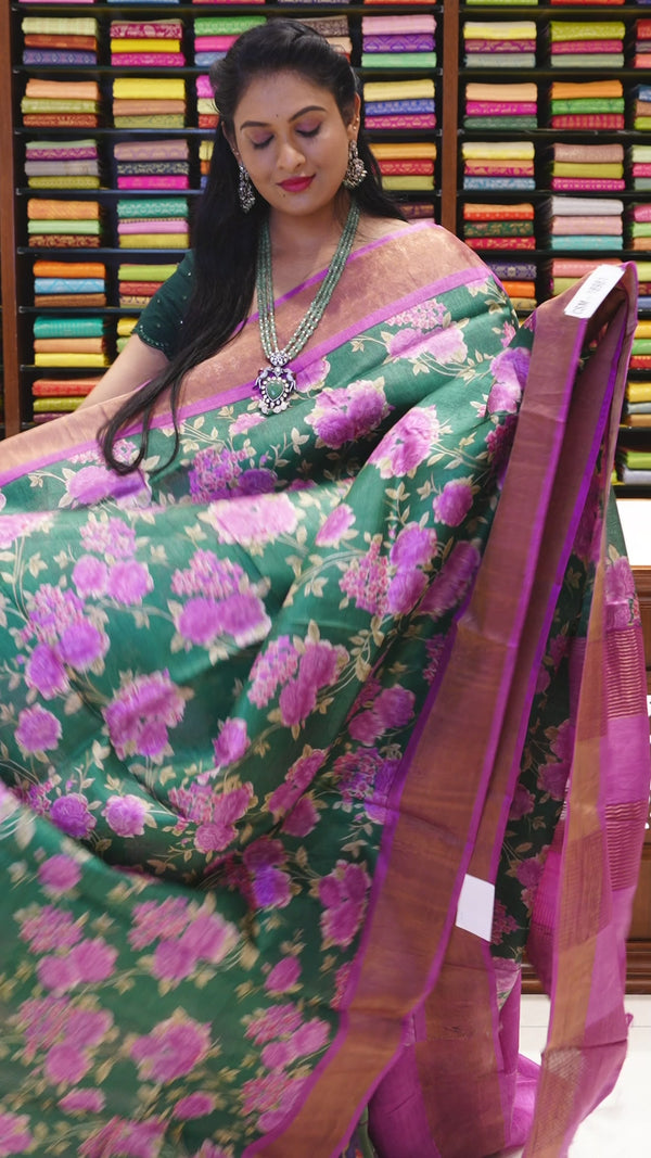 CSM-18981 | Green & Onion Pink Pure Kalamkari Printed Tussar Silk Saree