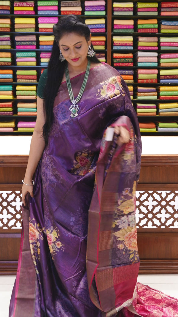 CSM-18970 | Violet & Pink Pure Kalamkari Printed Tussar Silk Saree