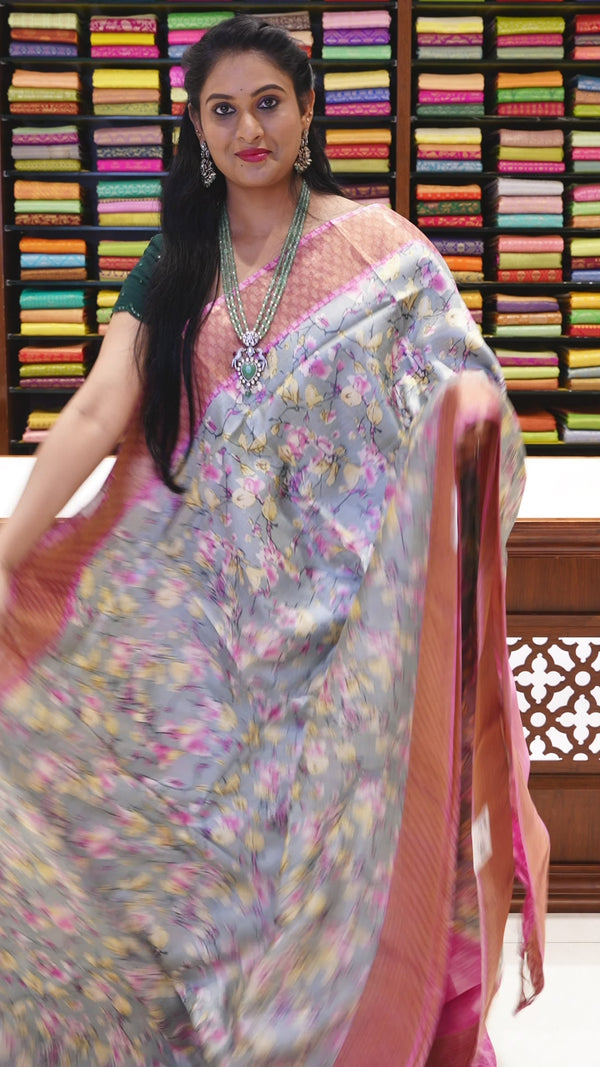 CSM-18980 | Grey & Pink Pure Kalamkari Printed Tussar Silk Saree