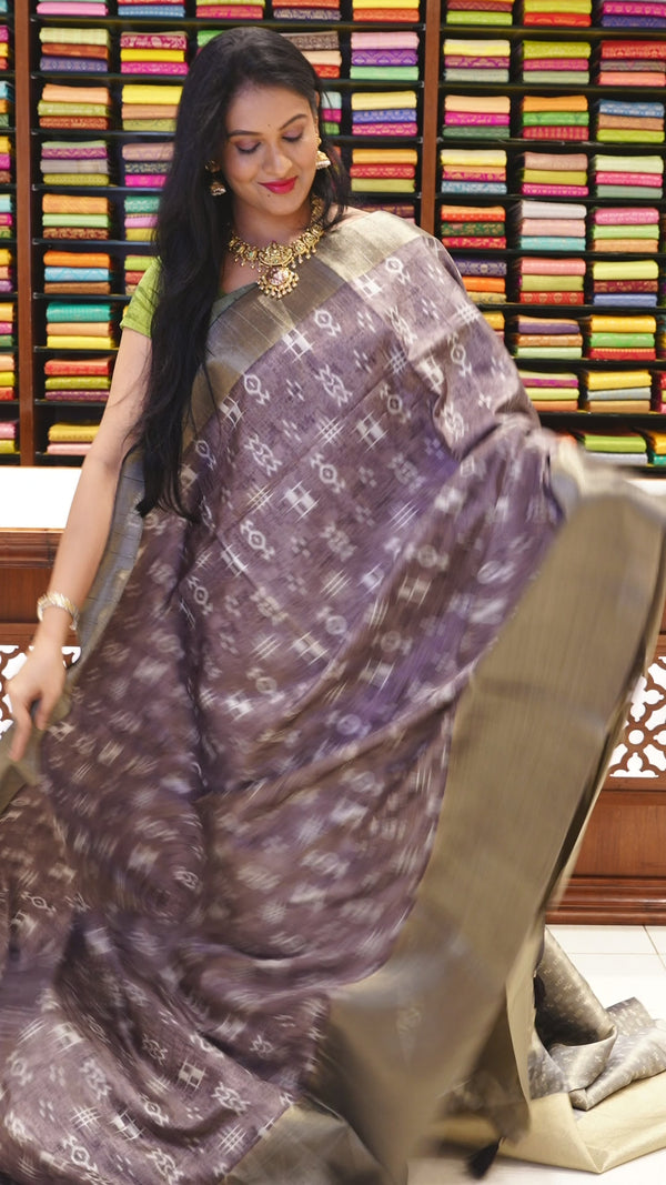 CSM-18925 | Light Brown & Black Jute Bhagalpuri Printed Saree