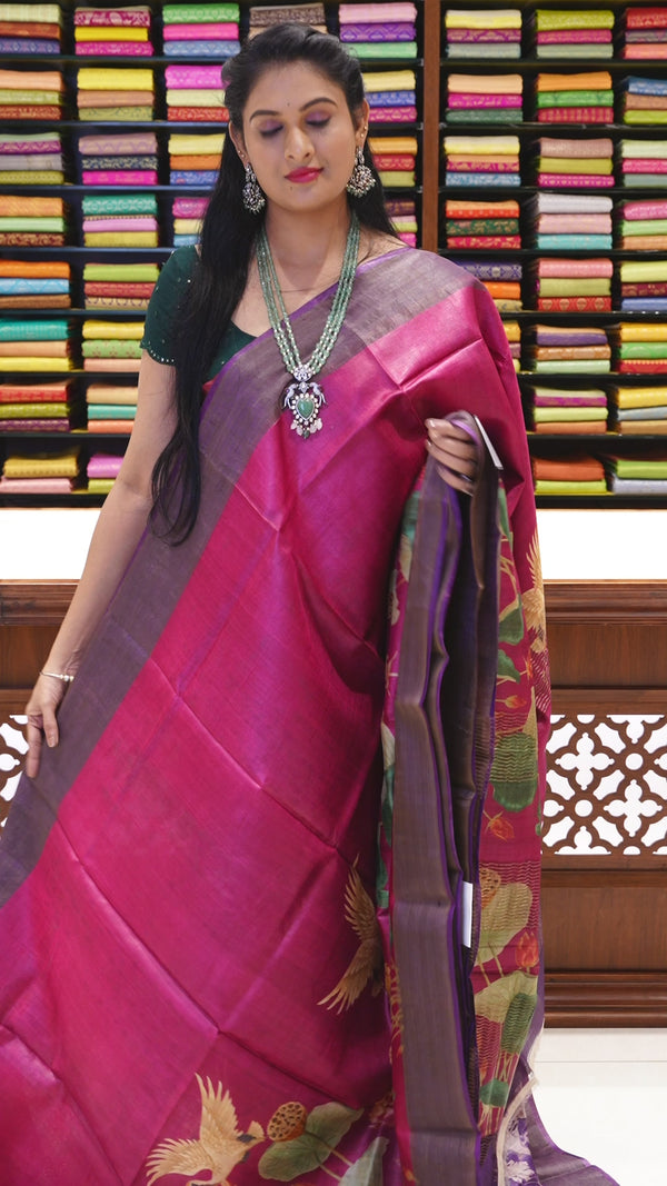 CSM-18966 | Onion Pink & Violet Pure Kalamkari Printed Tussar Silk Saree