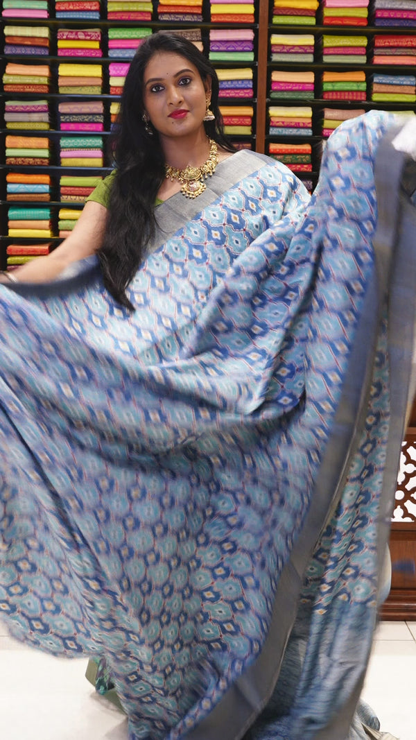 CSM-18935 | Sky Blue Jute Bhagalpuri Printed Saree