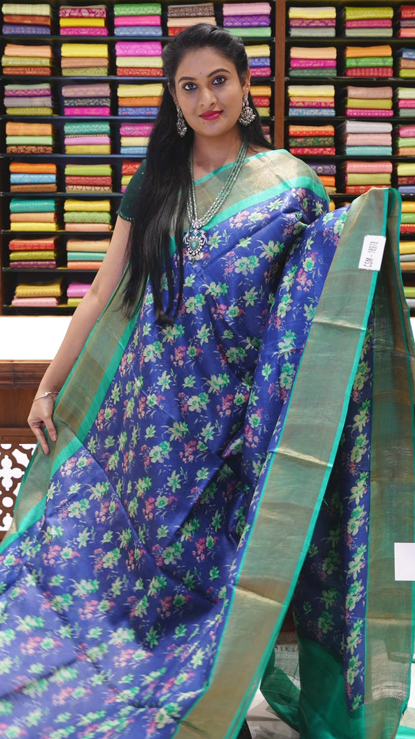 CSM-18978 | Blue & Green  Pure Kalamkari Printed Tussar Silk Saree