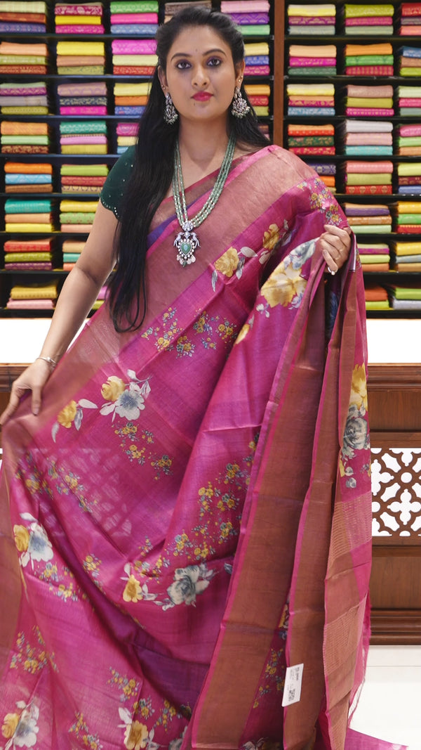 CSM-18979 | Onion Pink Pure Kalamkari Printed Tussar Silk Saree