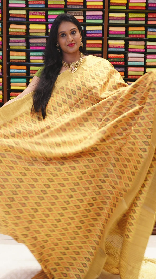 CSM-18934 | Yellow Jute Bhagalpuri Printed Saree