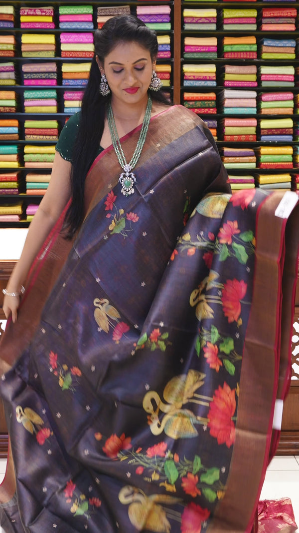 CSM-18969 | Black & Maroon Pure Kalamkari Printed Tussar Silk Saree