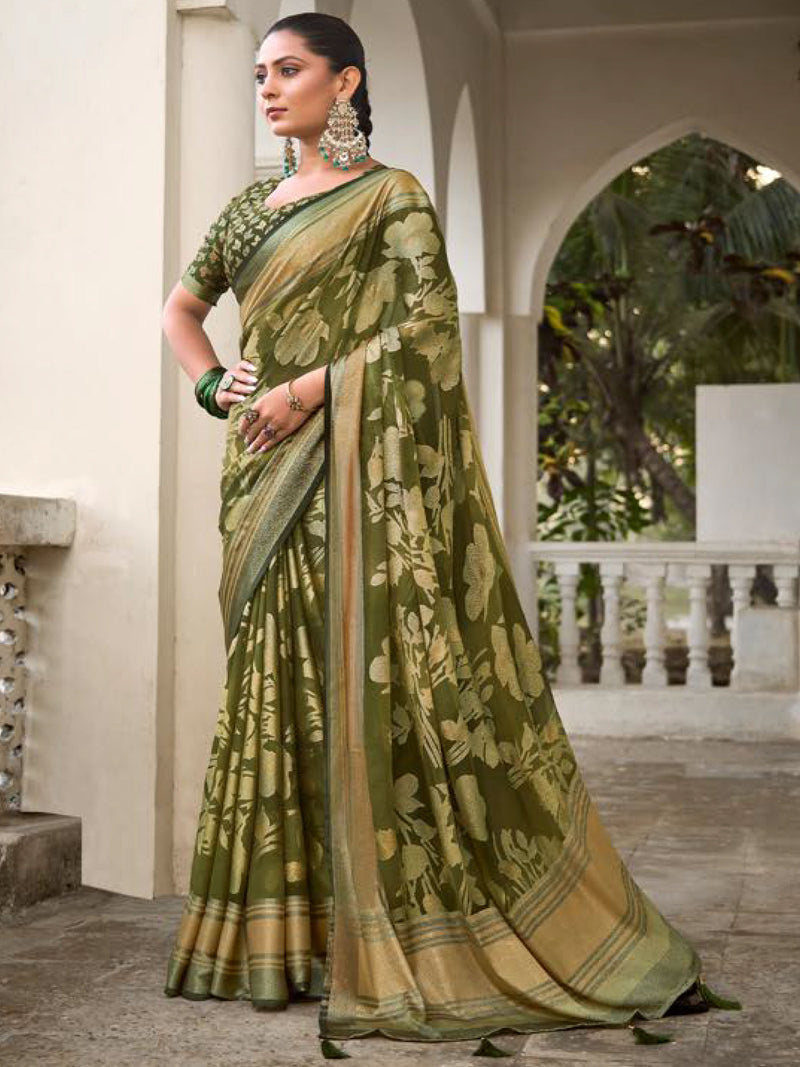 Rama Green Chiffon Brasso Saree