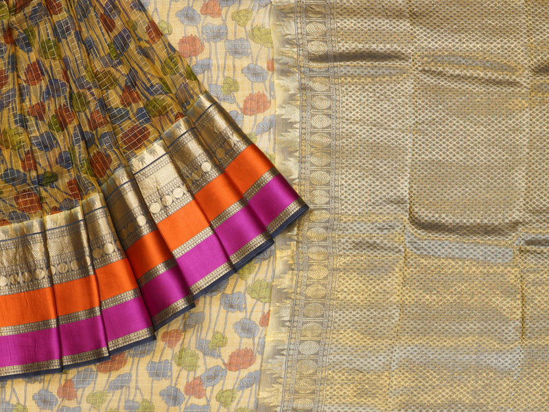 Brown & Grey Pure Kora Silk Saree