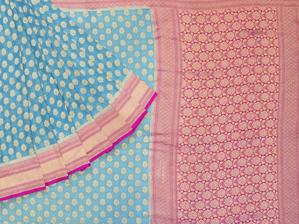 Sky Blue & Pink Pure Banaras Georgette Saree