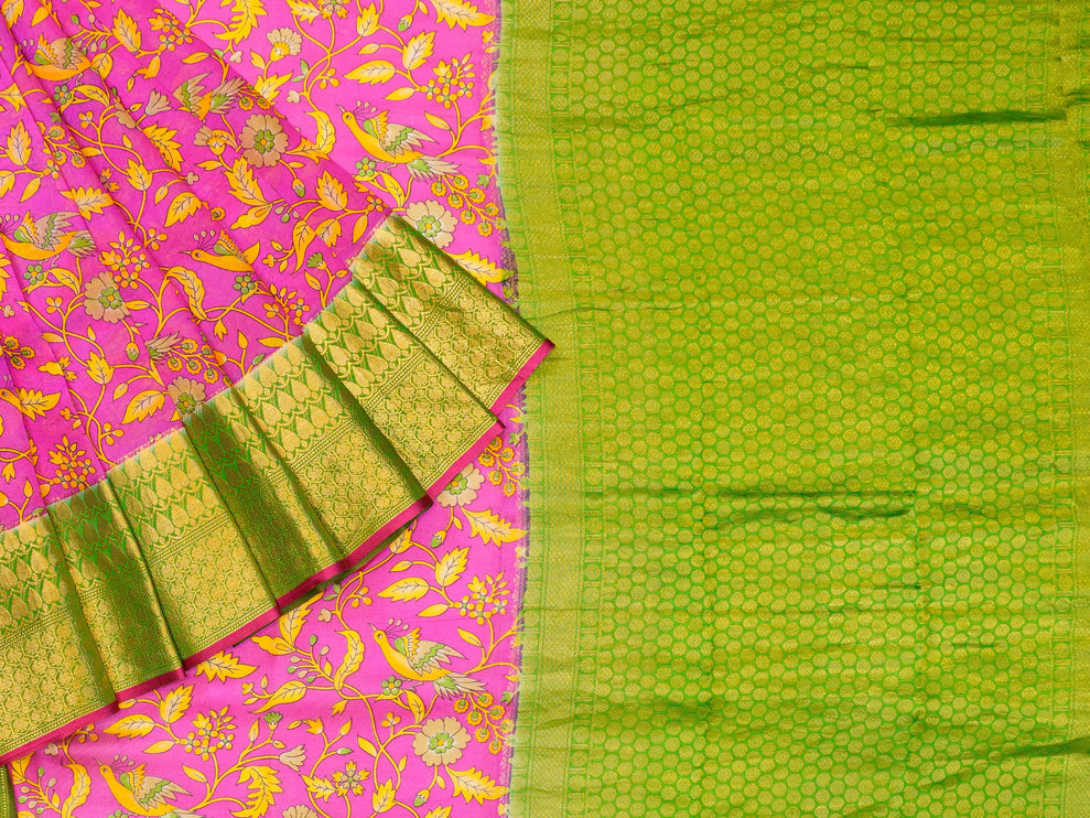 Pink & Green Pure Soft Silk Saree