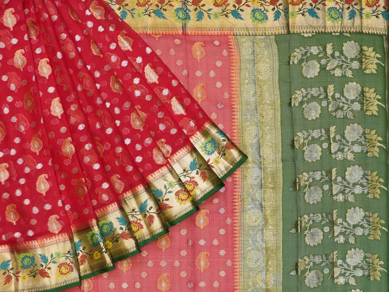 Peach and Parrot Green Block Printed Supernet Kota saree With Mirror  Work|Desically Ethnic