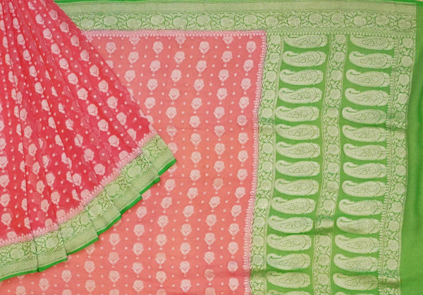Pink & Green Banaras Georgette Saree